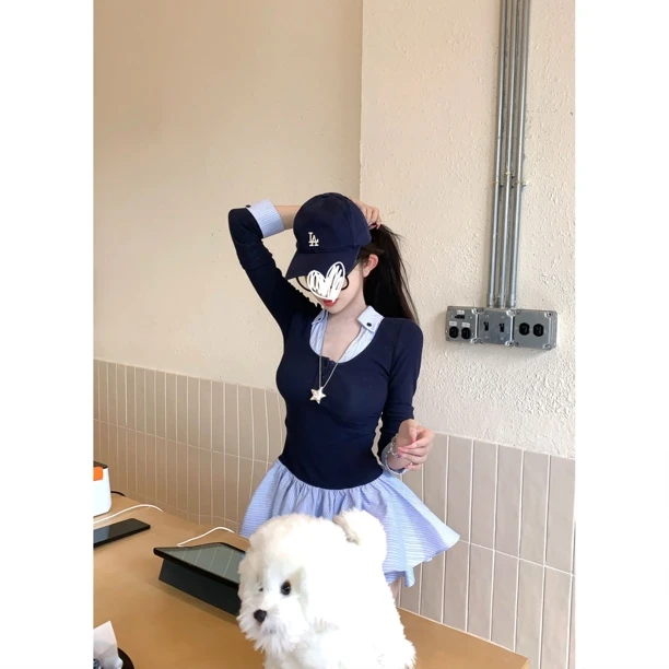 秋季少女风假两件长袖衬衣高腰时尚修身a字半身裙两件套Y5291