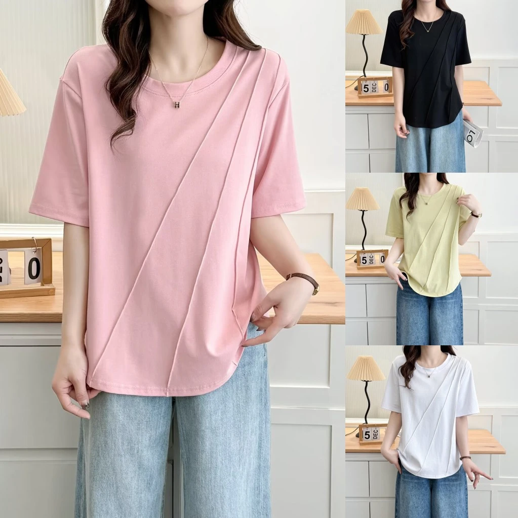 大码胖mm减龄显瘦压线正肩圆领T恤女夏季设计感宽松百搭休闲上衣