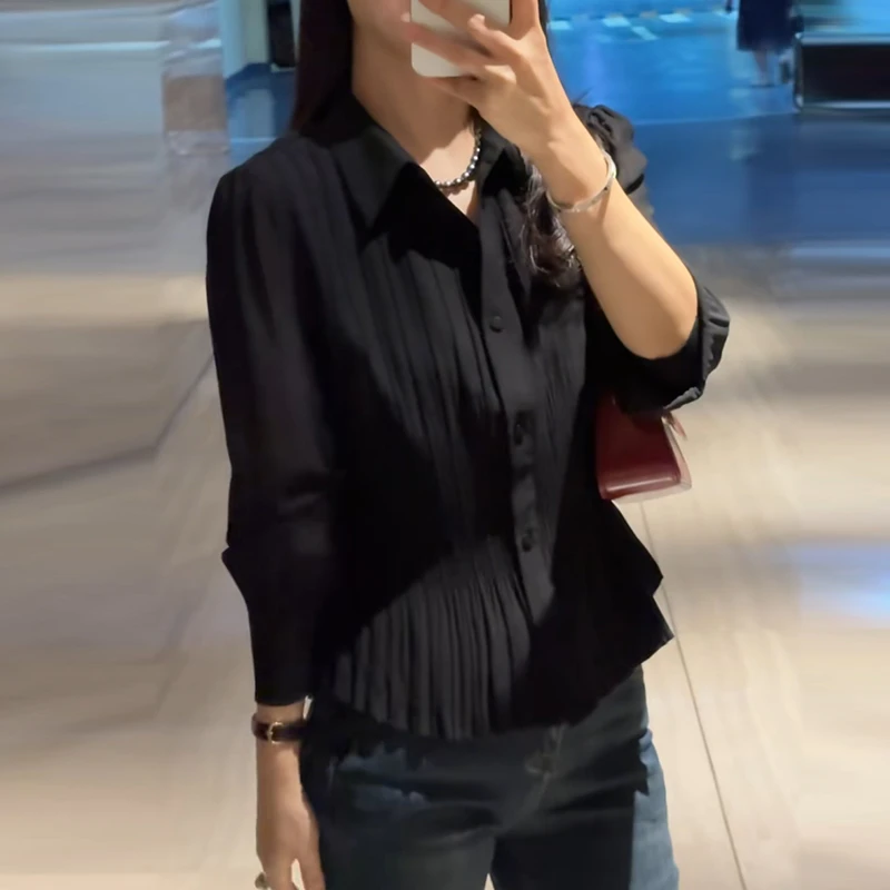 韩版温婉风黑色长袖衬衫女2025年秋季高级感修身显瘦翻领清新百搭