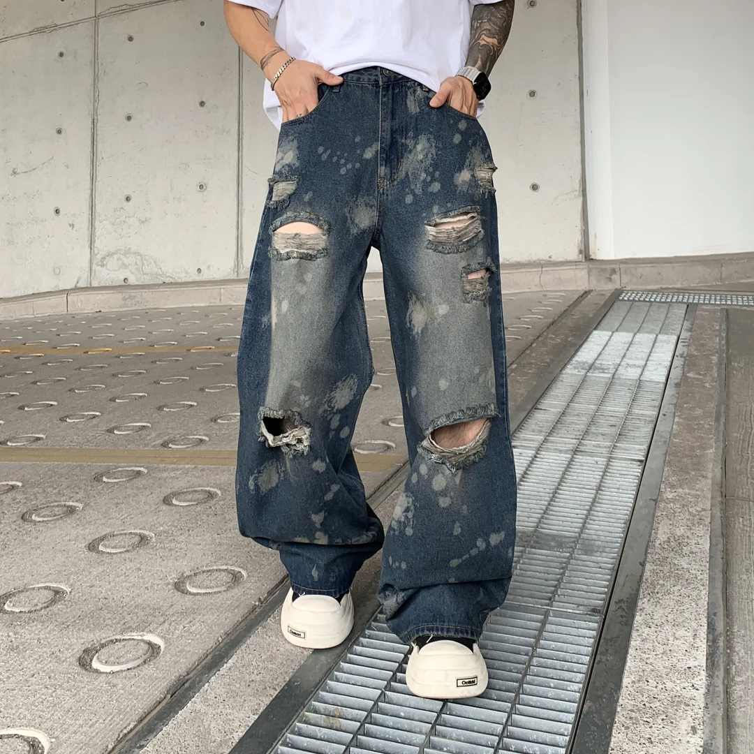 无弹破洞自然水洗男复古韩版牛仔裤美式ins美式休闲阔腿裤潮流