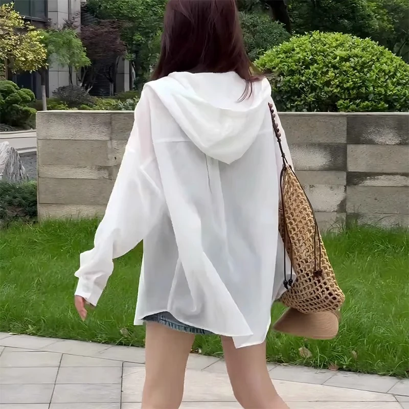 连帽防晒衬衫外套女款2025新款夏季慵懒薄款宽松显瘦透气外搭开衫