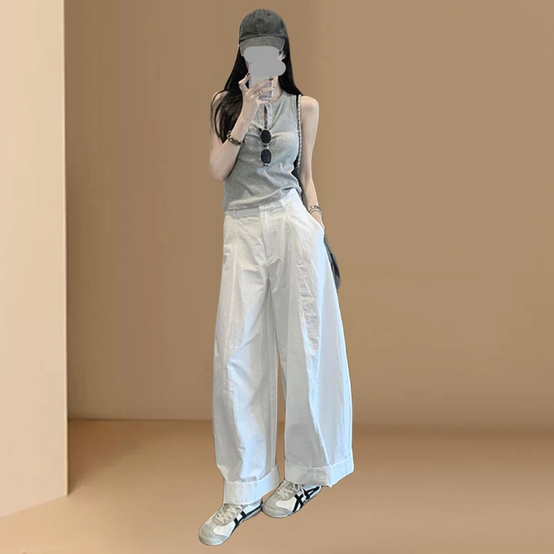 夏日绝美小套装茶里茶气别致休闲显瘦灰色背心白色阔腿裤两件套女