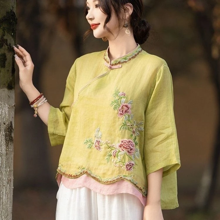 【现货+运费险】中式斜襟上衣盘扣棉麻七分国风文艺刺绣民族Y337