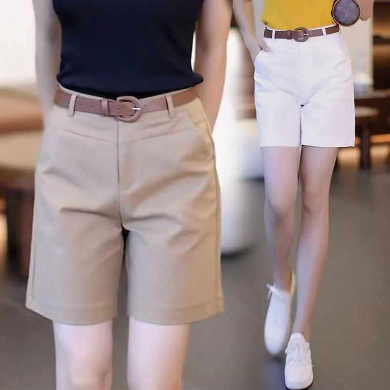2025夏季新款薄款卡其色五分裤女高腰宽松直筒休闲阔腿裤西装短裤