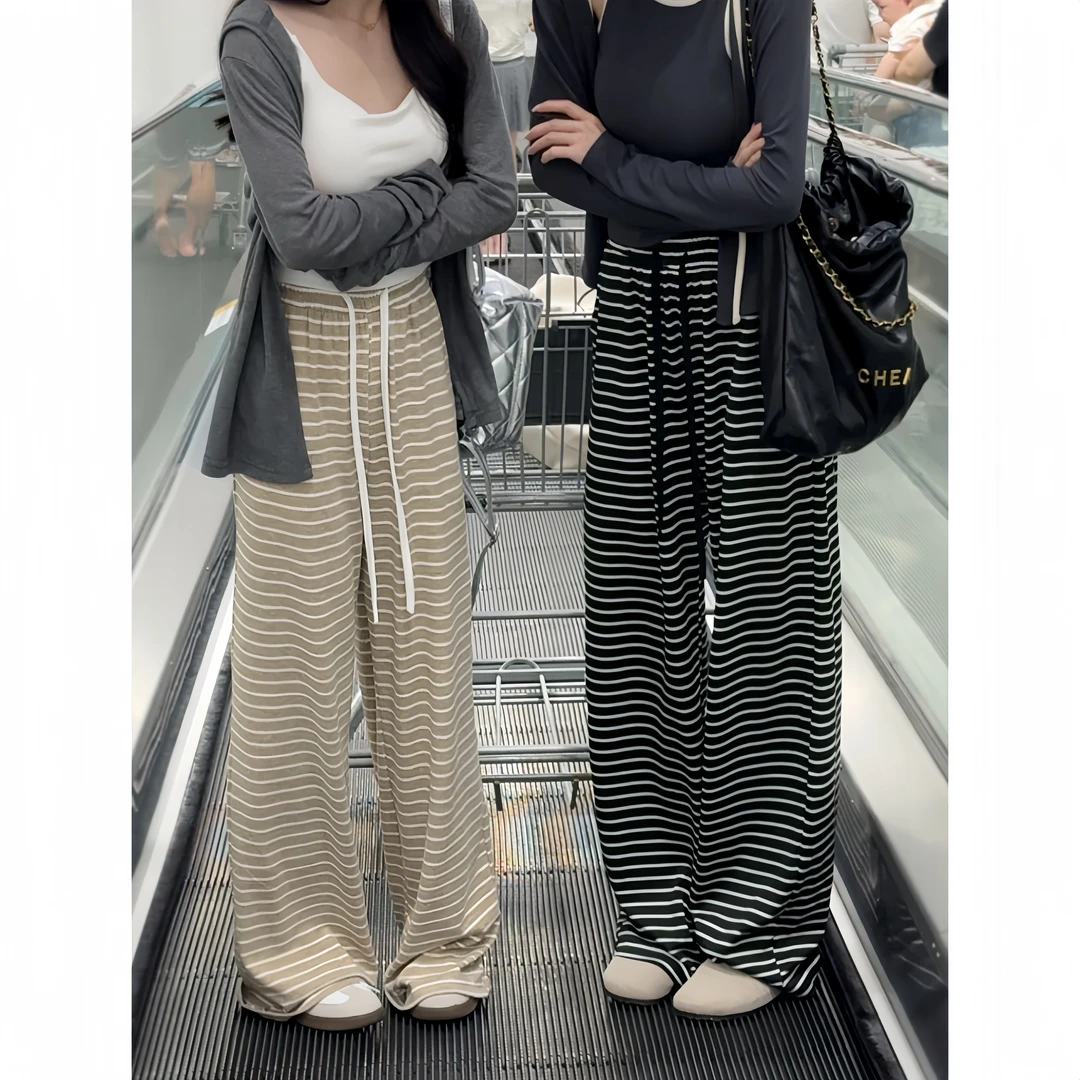 早秋新款慵懒风条纹阔腿裤女斑马纹宽松显瘦垂感休闲长裤遛弯裤子