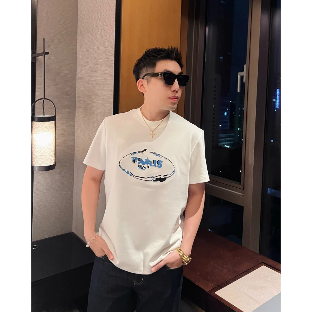 【巴黎渐变】25春夏立体刺绣克莱因蓝液氨棉短袖T恤时尚圆领男士