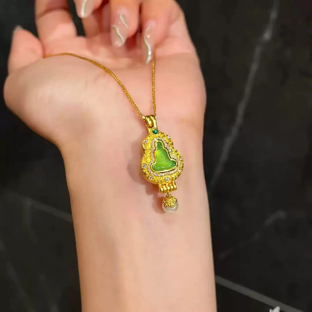 XL3657 点钻绿葫芦佛项链 可打开嘎乌盒颈链