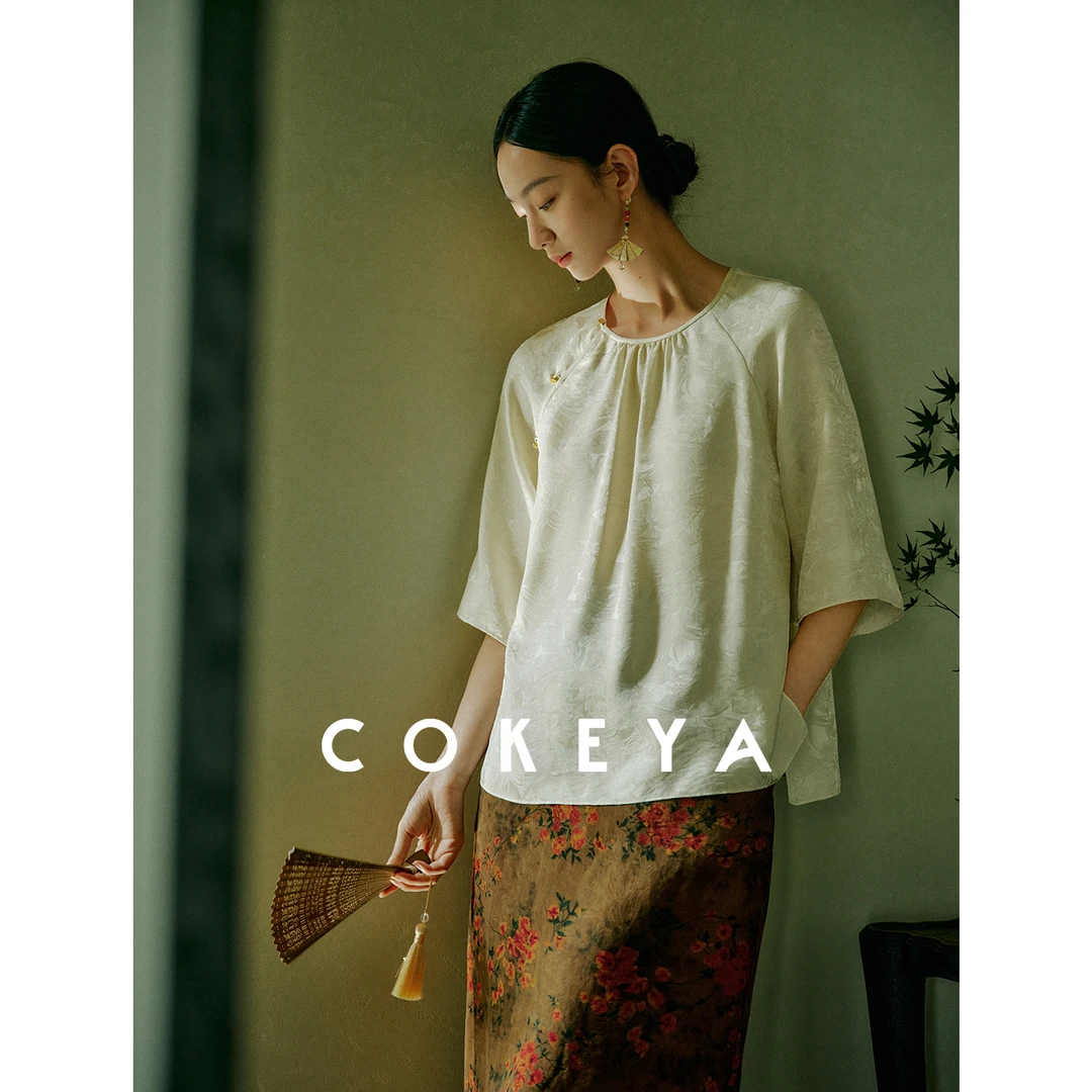 COKEYA/东方美人~19姆米素绉缎花罗国风新中式圆领斜襟衬衫上衣