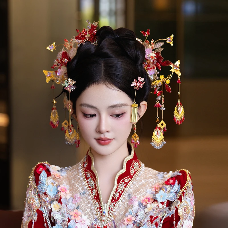 合金婚庆饰品 新娘中式头饰秀禾服龙凤褂红色发簪结婚发饰品D0628