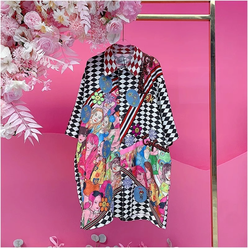 X22206泰国潮牌设计师2025春夏新款重工拼接花色黑白格休闲衬衫女