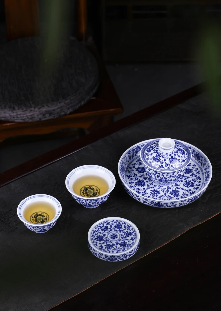 景德镇陶瓷高档功夫茶具青花缠枝莲5件套组釉下彩