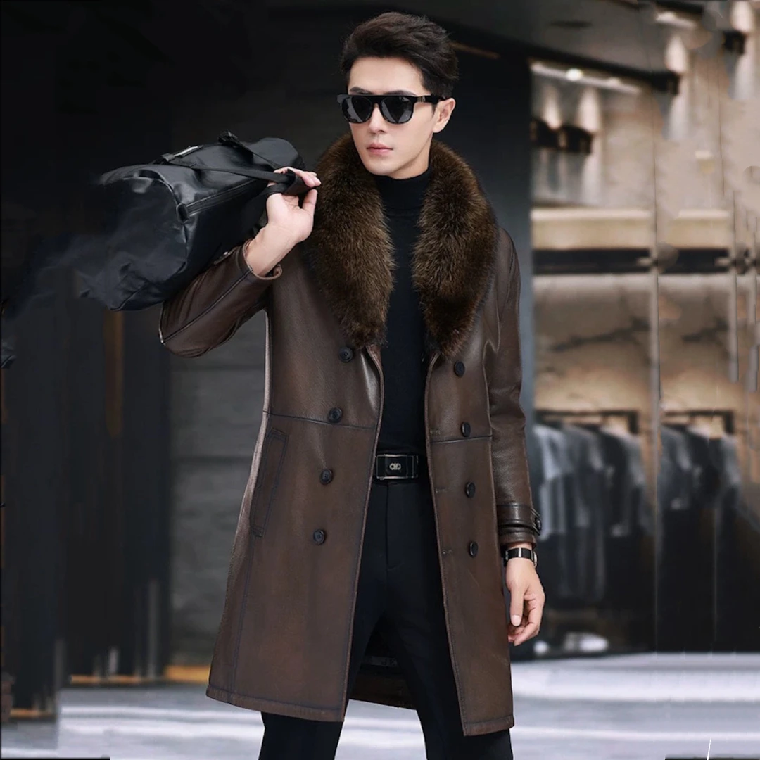 长款貂皮大衣男进口山羊皮水貂内胆双排扣真皮皮衣青果领风衣外套