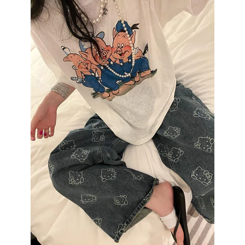 三只小猪/2025新款夏季雪花棉大版休闲百搭印花透气白色短袖