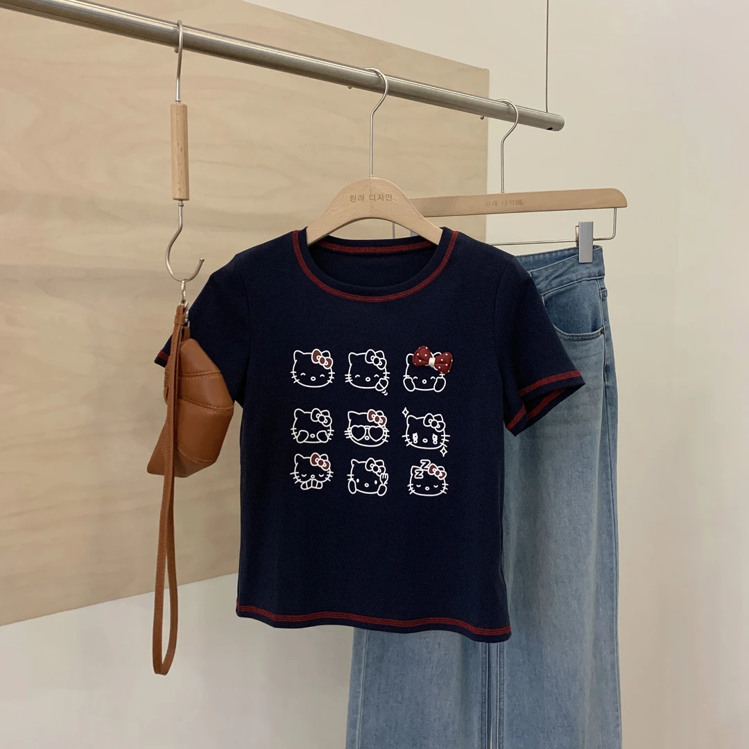 2986韩系新款夏款卡通凯蒂猫印花撞色锁边棉T恤