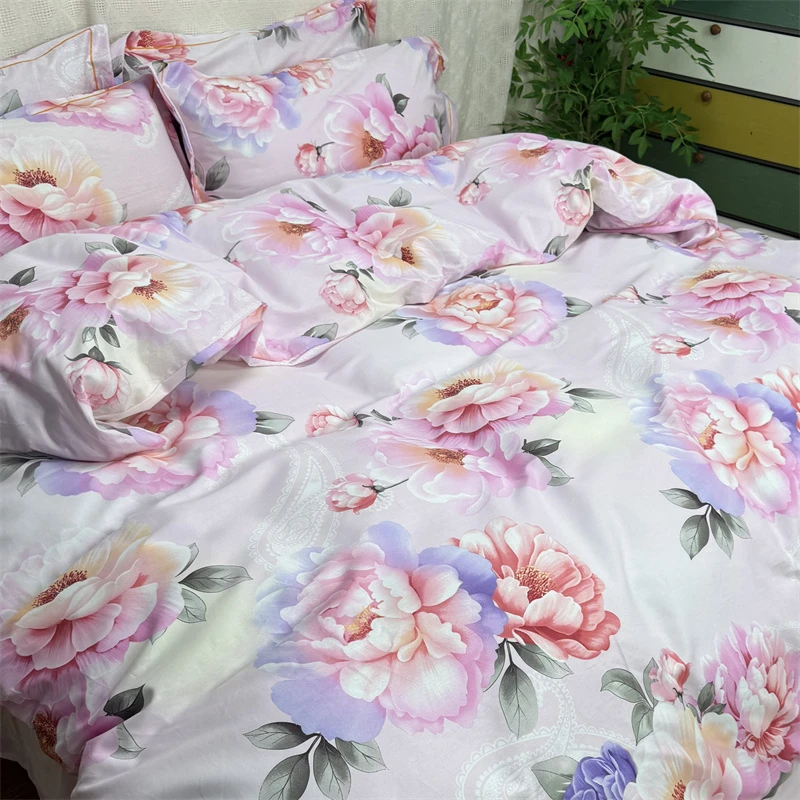 浅色全棉四件套纯棉床单被套床上用品田园大花卉3D立体国风牡丹花