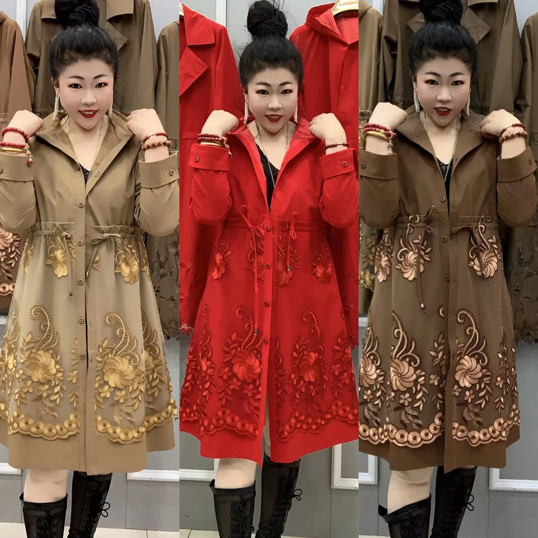 2211款潮流刺绣花锦棉风衣大码中长外套