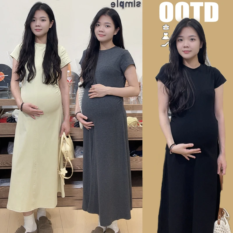 孕妇夏装韩版显瘦短袖连衣裙2025新款宽松孕妇裙夏季简约怀孕长裙