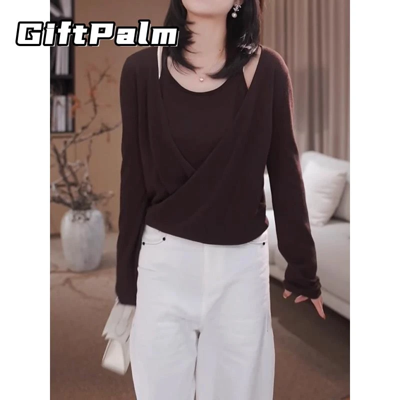 GiftPalm设计感小众吊带假两件针织衫女秋季胖mm显瘦时尚百搭长袖