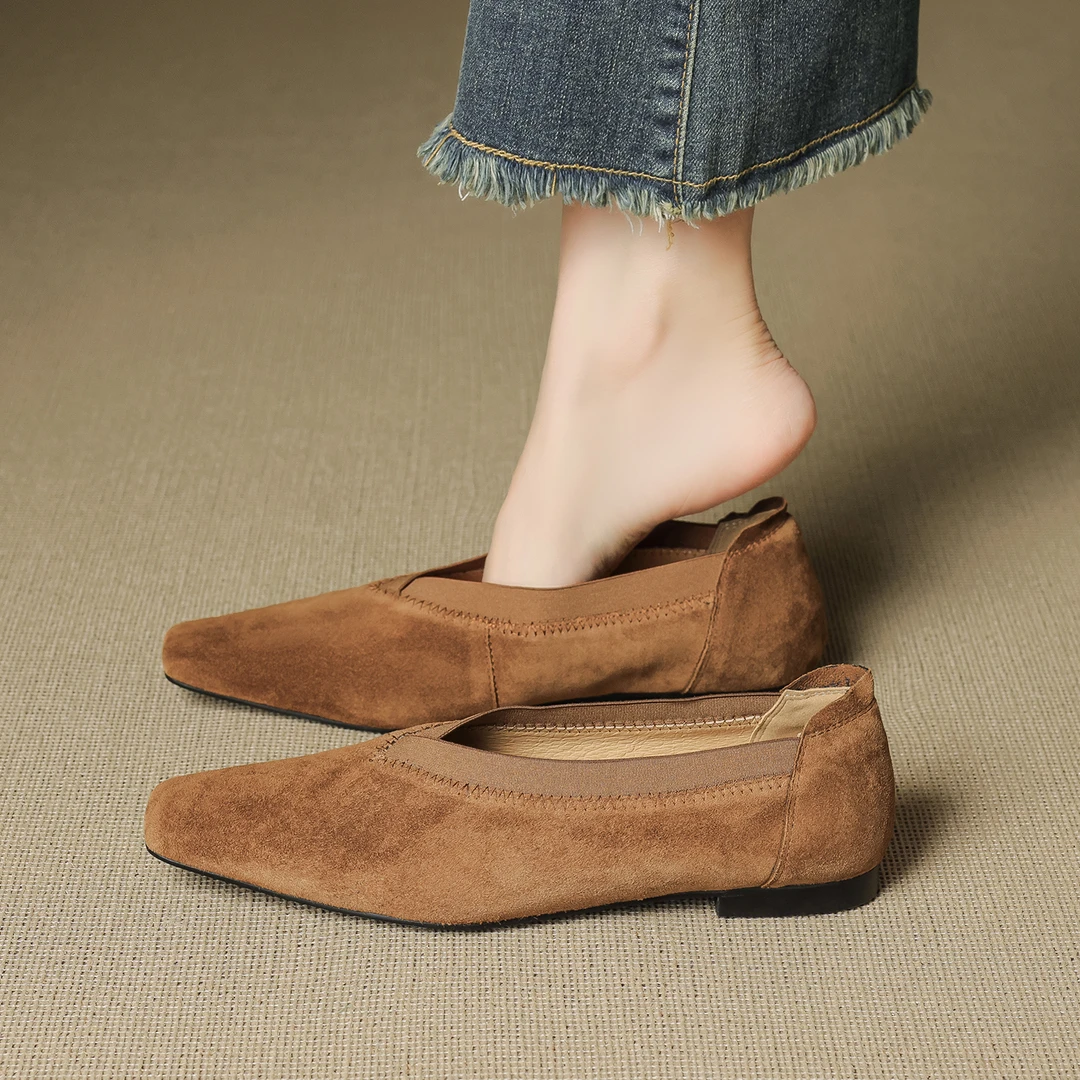真皮法式方头单鞋女2025新款春秋软底女鞋平底一脚蹬懒人鞋