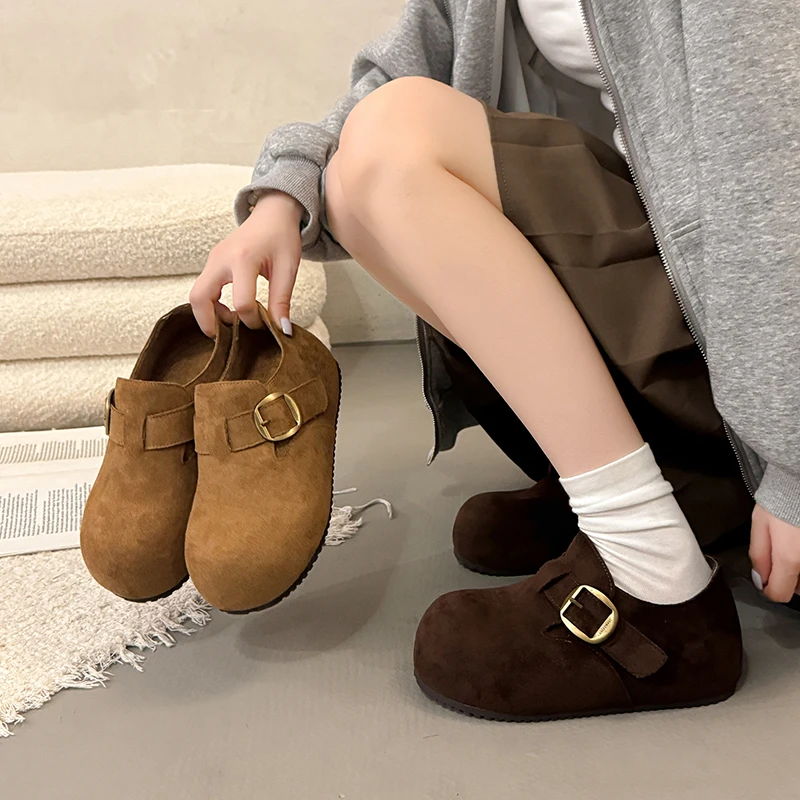 牛皮勃肯鞋女2025新款秋冬加绒百搭休闲单鞋软底豆豆鞋一脚蹬厚底