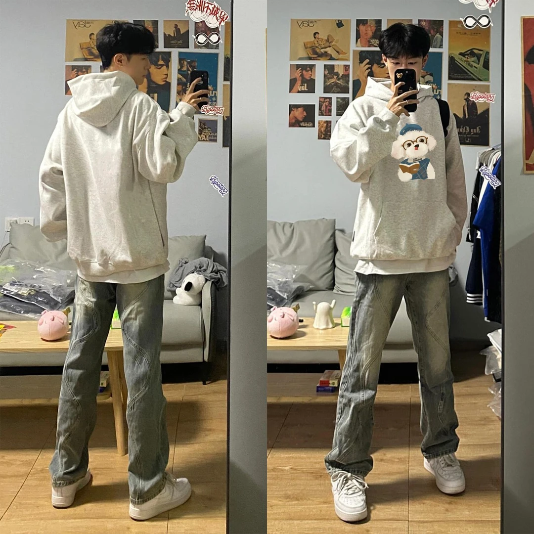 WASSUP HSUBE美式潮流印花小狗卡通休闲长袖秋冬宽松卫衣情侣上衣