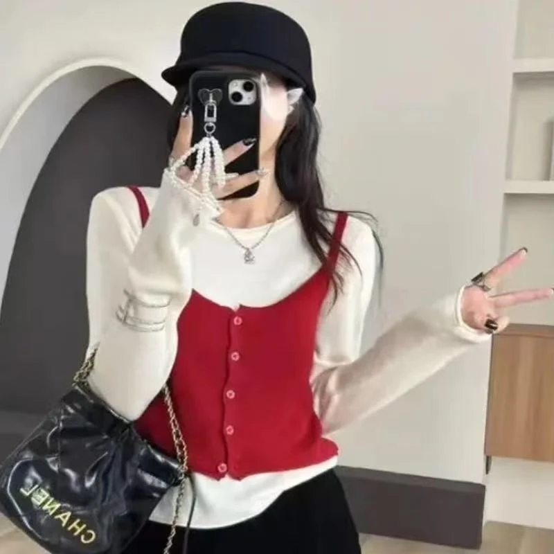 2025早秋叠穿长袖上衣两件套韩版休闲百搭慵懒风甜美独特温婉风