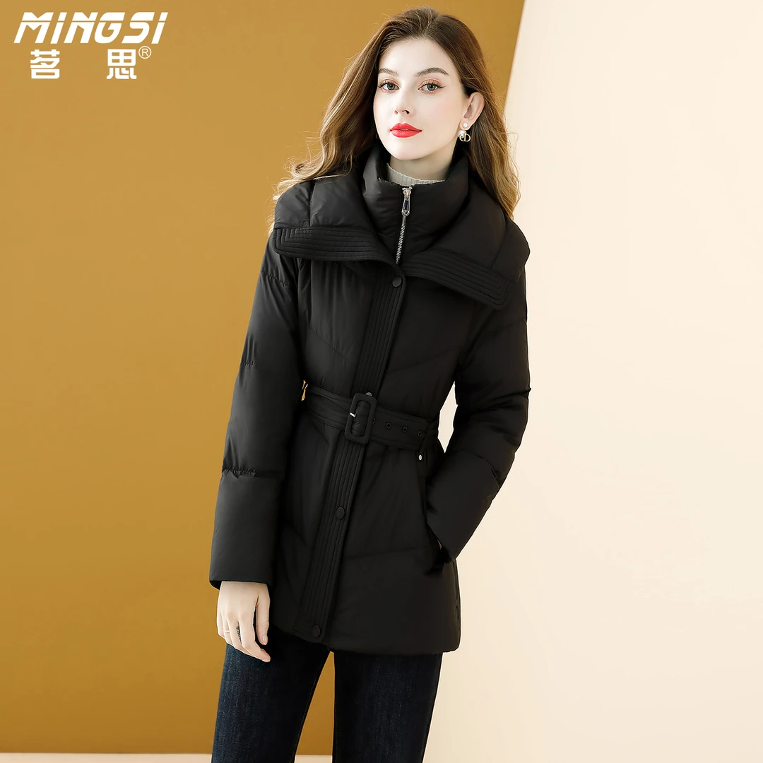 茗思黑色中长款鹅绒羽绒服女2025冬季新款大翻领收腰加厚保暖外套