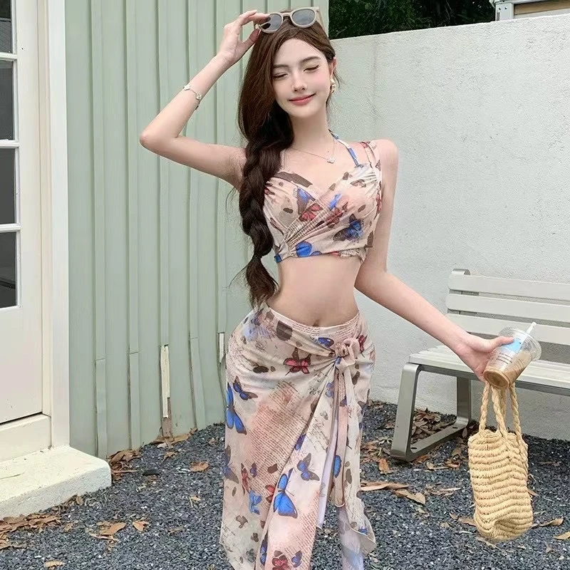 辣妹复古蝴蝶比基尼分体bikini三件套性感纯欲风高颜值仙游泳衣女