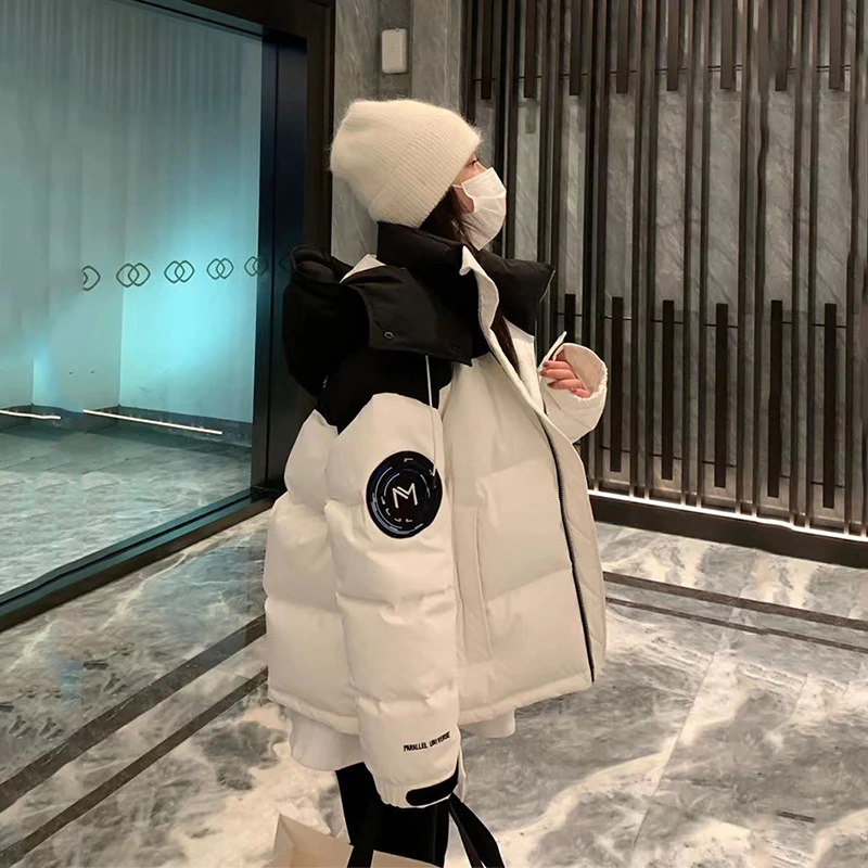 美式经典拼接色潮流棉服冬季新款加厚棉服大码减龄流行棉衣外套女