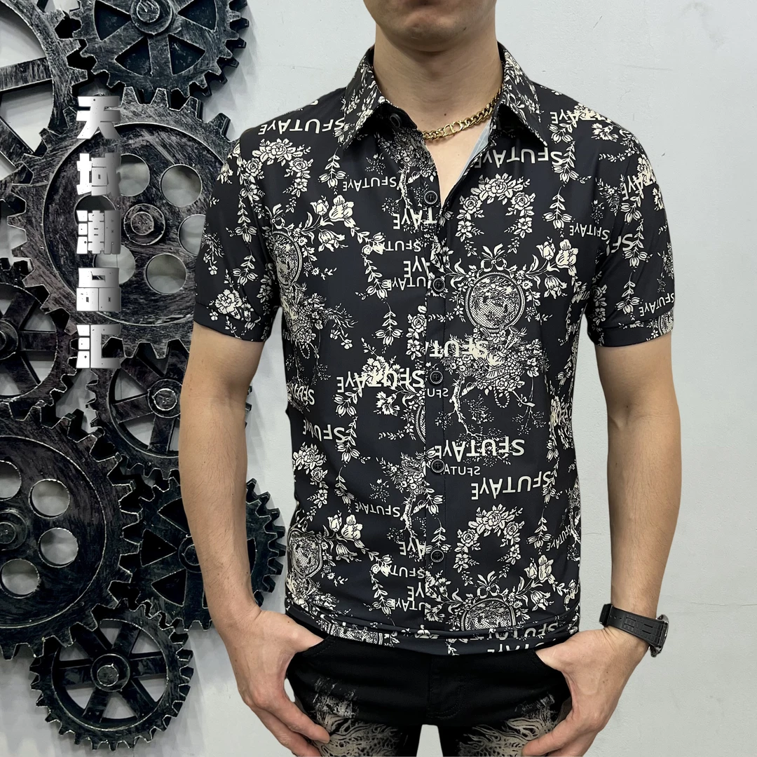 K001夏季碎花翻领高弹男士时尚短袖