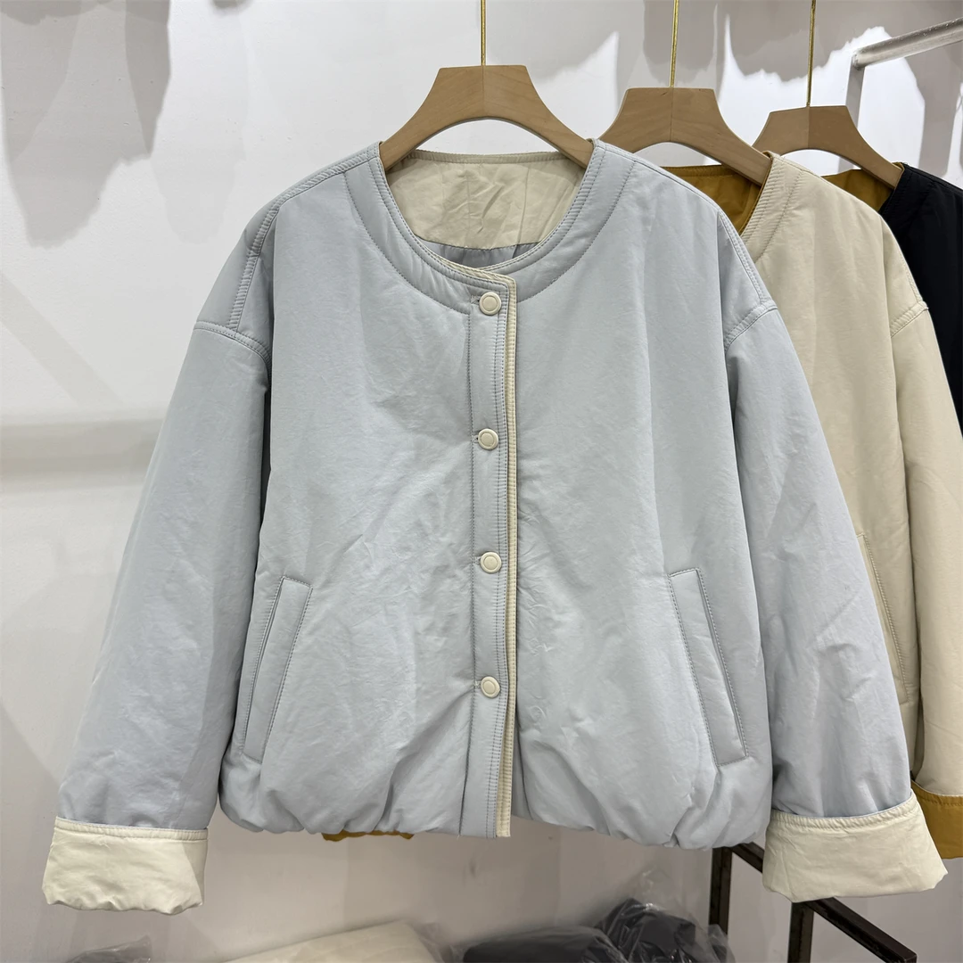 2025秋冬新款韩系拼接撞色圆领棉服女短款宽松保暖小个子夹棉外套