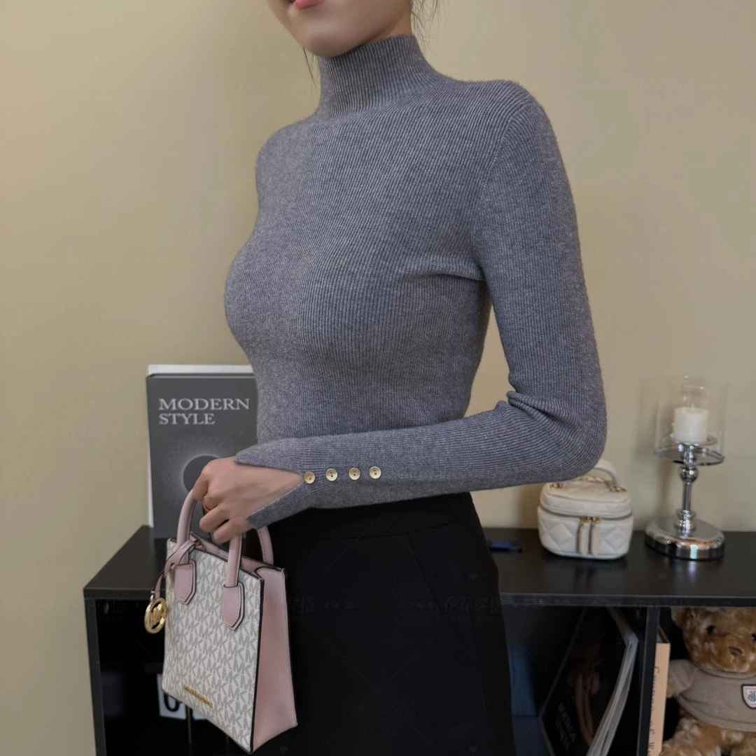 2025新款秋冬女装爆款女上衣内搭修身显瘦灰色黑色针织衫毛衣打底