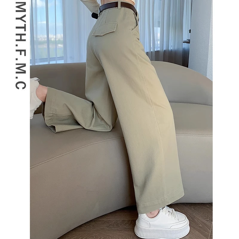 小个子显高水洗棉工装裤子女春秋2025新款高腰九分直筒窄版阔腿裤