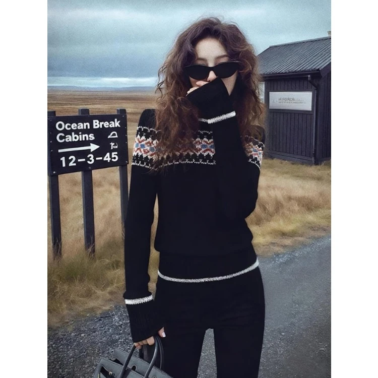 2025冬季独特别致绝美设计感小众不撞款费尔岛提花黑色提花毛衣女