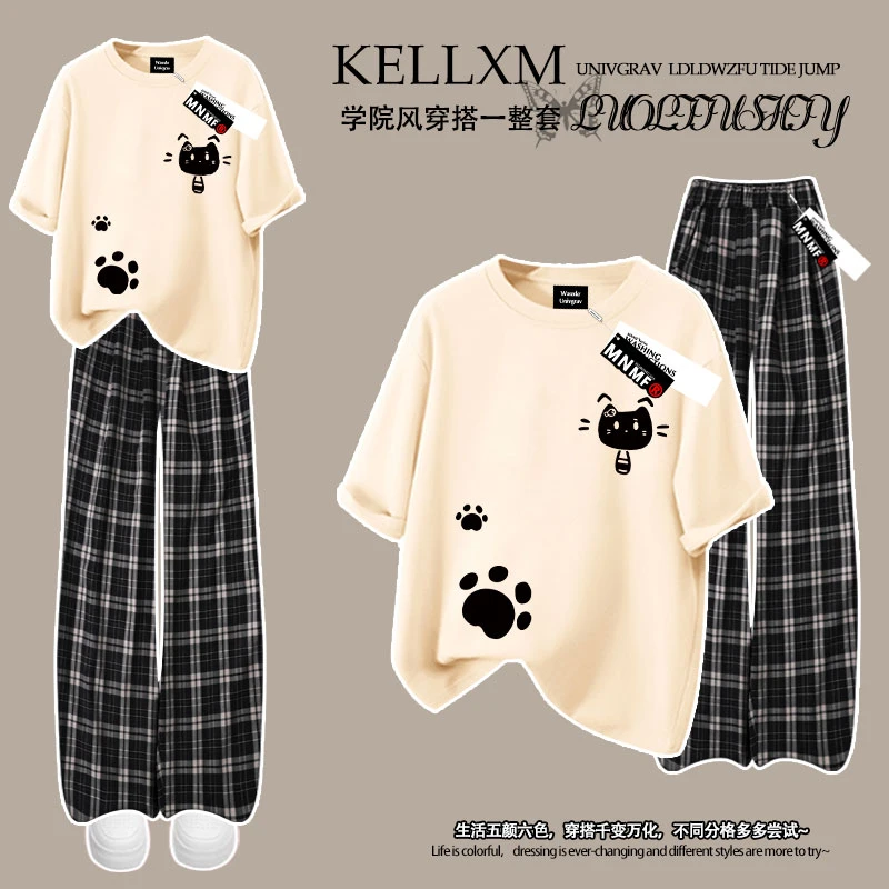 夏季女童纯棉短袖T恤格子裤套装黑色小猫印花中大童百搭两件套ins