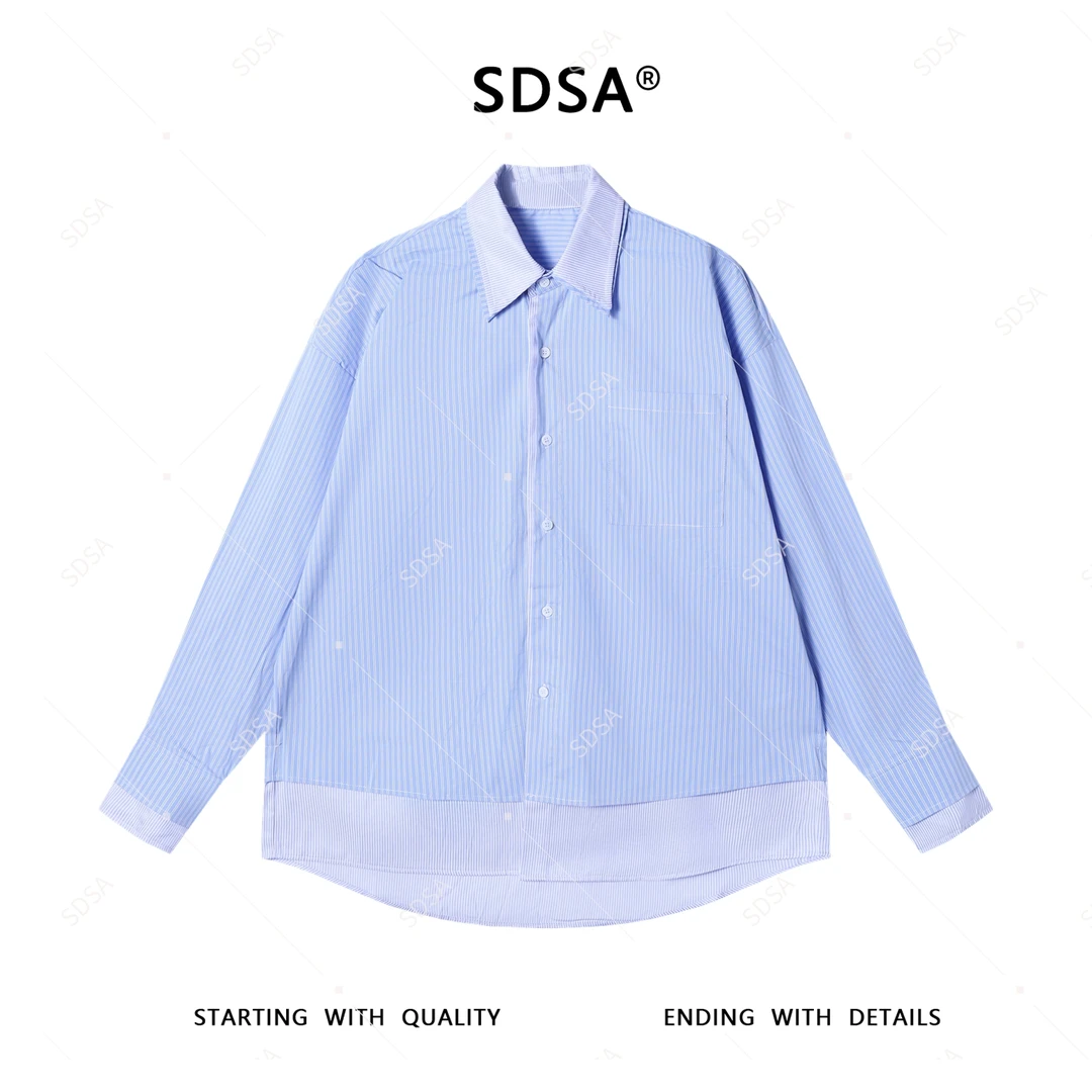 SDSA男士秋冬新款轻奢痞帅男装撞色竖纹拼接翻领衬衫休闲百搭衬衣