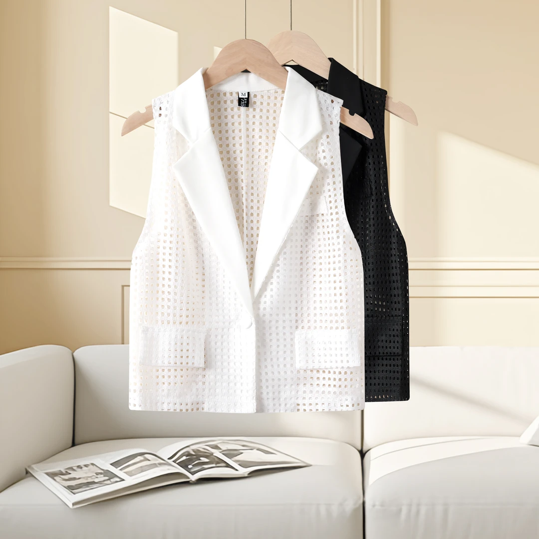 夏季马甲女薄款外穿短款夏天西装背心马夹外搭开衫镂空坎肩外套新