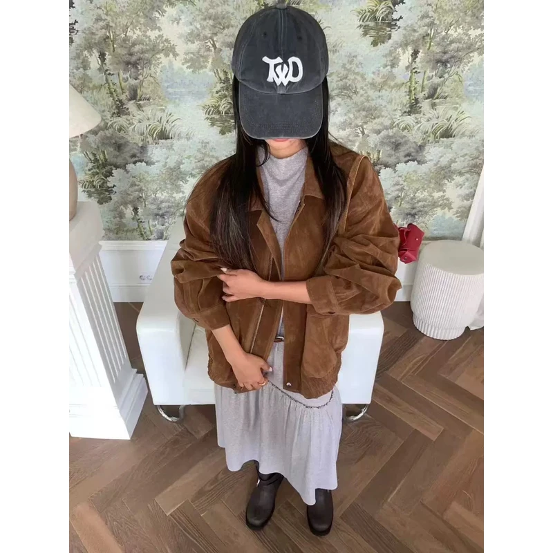慕予【罗曼尼】ETE*泡菜单复古机车麂皮飞行夹克宽松皮衣外套女