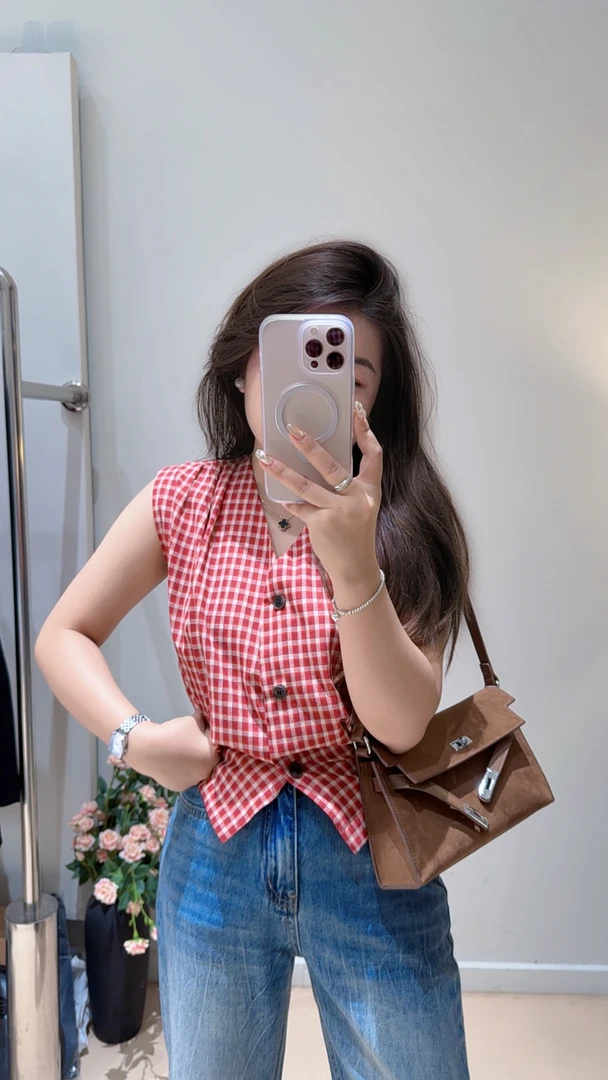 大顾家【港风格子】后松紧带弹力洋气复古格子无袖上衣