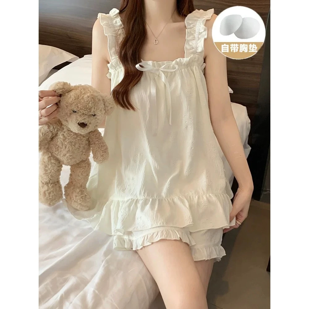 吊带睡衣女款2025年新款带胸垫无袖短裤甜美性感云朵棉家居服套装