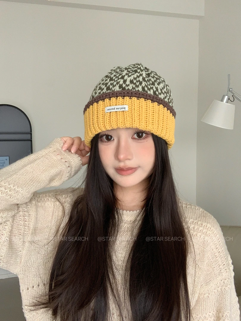韩系新款多巴胺色针织帽女加厚保暖毛线帽大头围显脸小拼色冷帽子