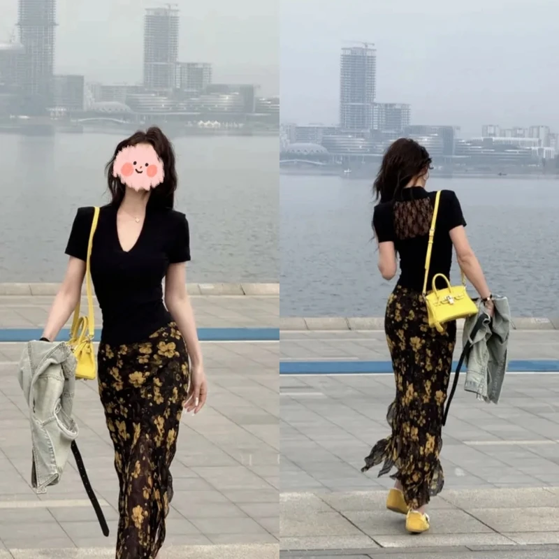 2025夏蕾丝露背V领短袖上衣+时尚不规则压褶工艺花朵半身长裙套装