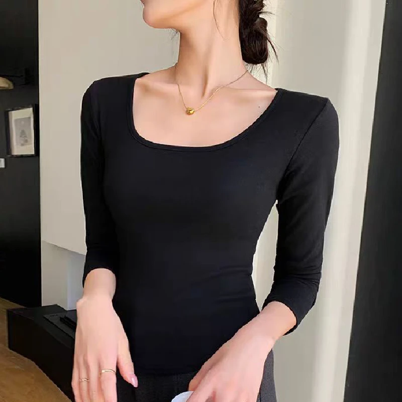 修身方领打底上衣女士舒适弹性T恤H1000( 单品不退不换)