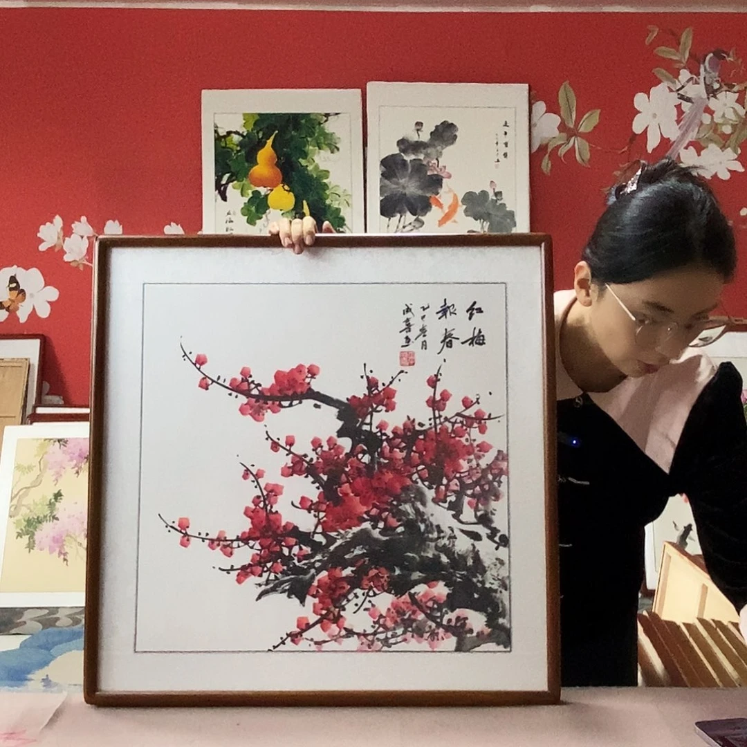 国画手写手绘国画作品带框包邮62✖️62