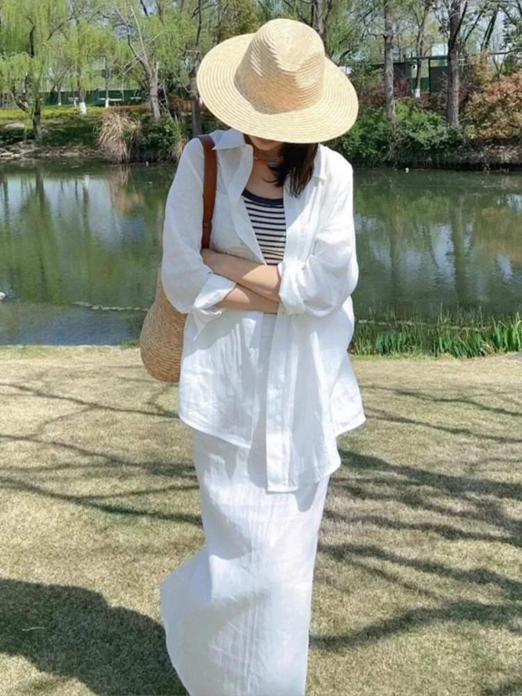 高级慵懒感出游亚麻衬衫套装裙女夏季松弛感防晒衬衣半身裙两件套
