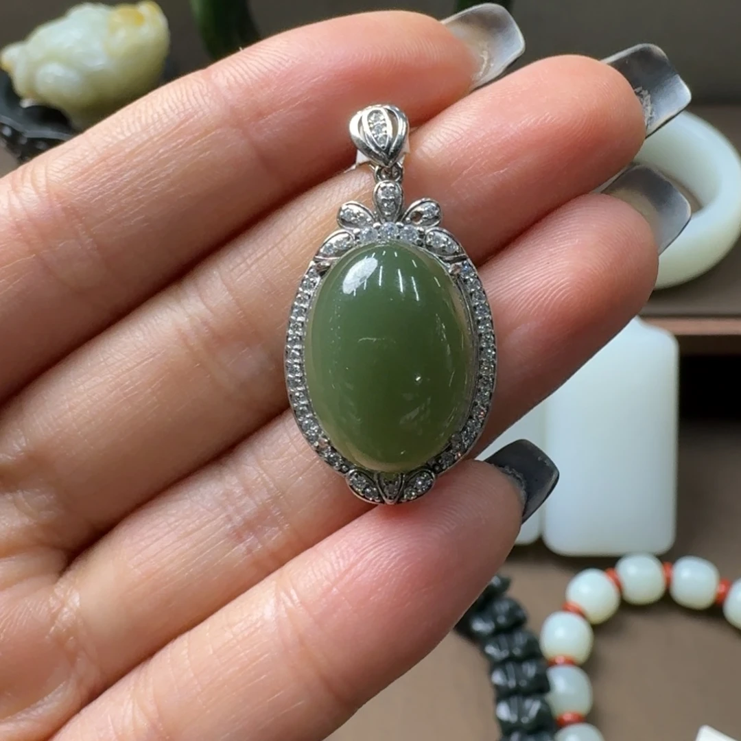 和田玉银S925镶嵌吊坠(不含链)