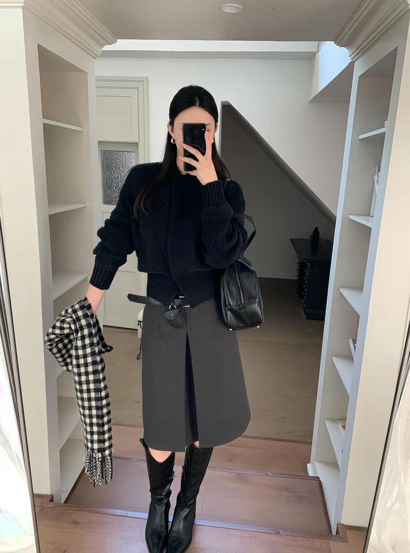 慵懒风黑色毛衣半身裙套装女2025秋冬新款法式宽松显瘦气质两件套