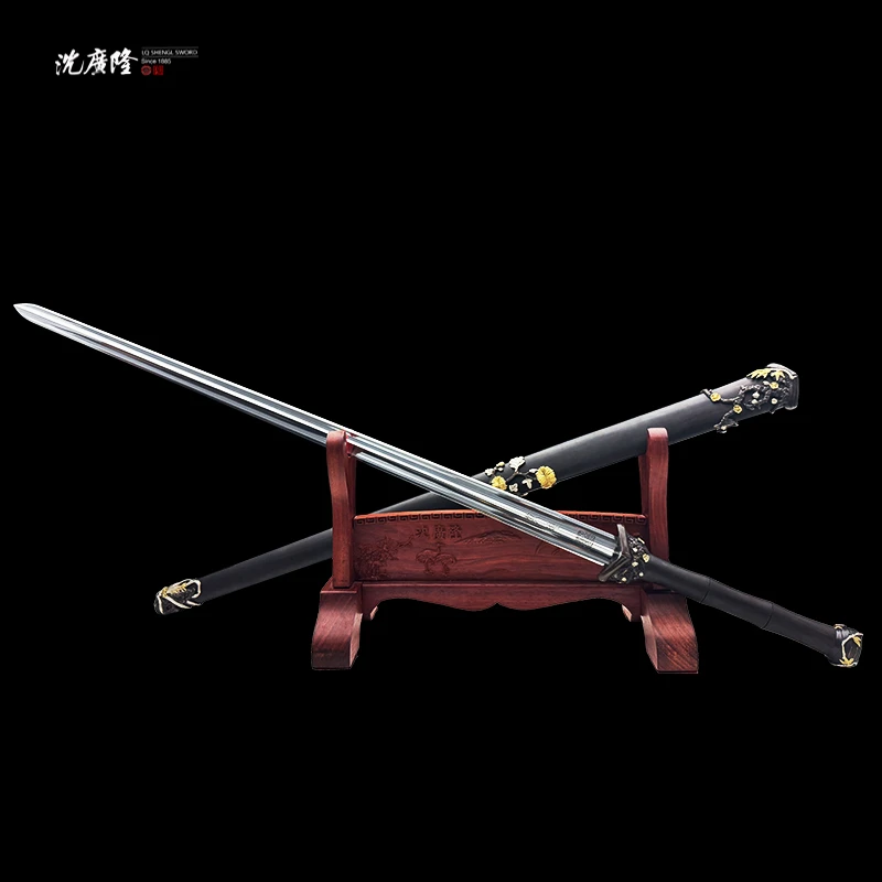 龙泉沈广隆-梅兰竹菊镜面 黄铜鎏金银 黑檀木 宝剑 未开刃