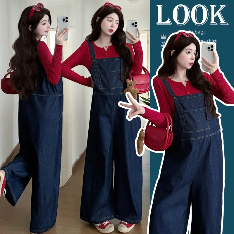 孕妇装秋季爆款时尚宽松牛仔阔腿背带裤百搭潮流针织开衫上衣