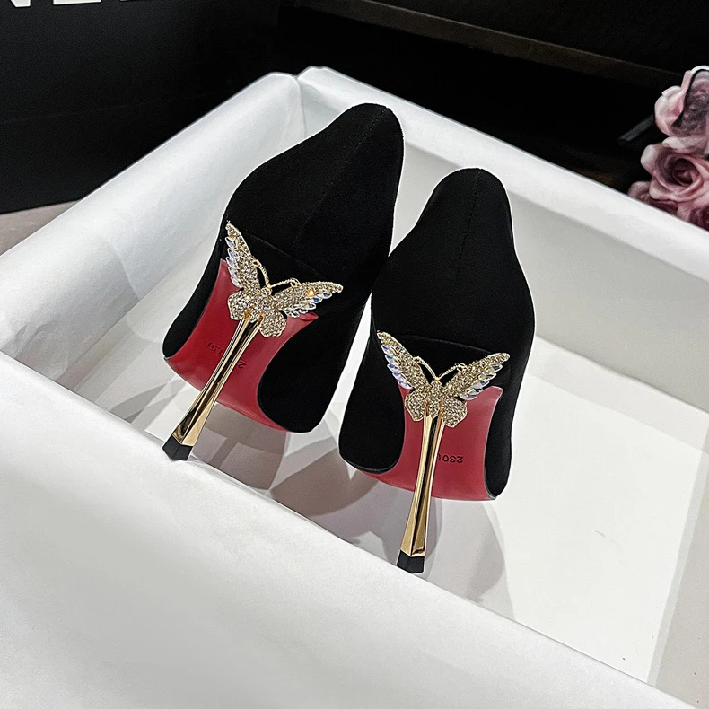绒面浅口高跟鞋尖红底单鞋黑色后跟蝴蝶2025早春新款气质单鞋